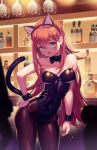  :o alternate_costume animal_ears arm_at_side ass_visible_through_thighs bangs bar bare_shoulders black_hairband black_leotard black_neckwear blurry blurry_foreground blush bottle bow bowtie breasts breasts_apart brown_legwear cat_ears cat_girl cat_tail clenched_hand collarbone commentary contrapposto covered_navel cowboy_shot cup depth_of_field detached_collar drinking_glass eyebrows_visible_through_hair fake_animal_ears fang fishnet_pantyhose fishnets green_eyes hair_between_eyes hairband hand_on_hip head_tilt highleg highleg_leotard highres hips indoors kittysuit latex leotard lim_jaejin long_hair looking_at_viewer medium_breasts open_mouth pantyhose raised_eyebrows red_hair sedurin_(soul_worker) shiny shiny_clothes shiny_hair shiny_skin sidelocks silhouette skin_tight solo soul_worker standing strapless strapless_leotard tail tail_raised very_long_hair white_collar wine_glass wrist_cuffs 