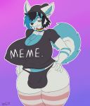  2018 bemmey big_breasts big_bulge breasts bulge canine chest_tuft clothing collar dickgirl dog hair hair_over_eye hands_on_hips hat hi_res huge_breasts husky intersex legwear mammal nipple_bulge solo standing stockings thick_thighs tuft underwear vant_talon voluptuous wide_hips 