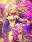  arabian_clothes armlet belly_chain blonde_hair bracelet breasts cleavage company_name dancer detached_sleeves dragon_tactics harem_outfit holster jewelry long_hair looking_at_viewer medium_breasts mole mole_under_eye natsuiro_xx navel official_art open_mouth original pelvic_curtain purple_eyes see-through smile solo thigh_holster thigh_strap veil 