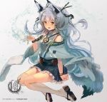  :d animal_ears bare_shoulders blue_skirt commentary_request fox_ears fox_tail grey_hair grey_legwear hand_up highres inabi invisible_chair jewelry long_hair long_sleeves looking_at_viewer necklace open_mouth orange_eyes original platform_footwear sandals sitting skirt smile solo tail thighhighs very_long_hair wristband 