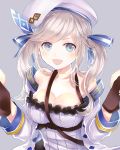  :d beret between_breasts blue_eyes breasts cleavage collarbone commentary cucouroux_(granblue_fantasy) dual_wielding eyebrows eyebrows_visible_through_hair granblue_fantasy grey_background gun hair_ribbon hat holding holding_gun holding_weapon jacket long_hair medium_breasts myusha open_clothes open_jacket open_mouth ribbon silver_hair simple_background smile solo strap strap_cleavage striped striped_ribbon twintails weapon white_hat white_jacket 