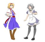  2015 alice_margatroid angry blonde_hair blue_eyes clothed clothing dress duo female footwear grey_hair hair human human_only maid_uniform mammal not_furry open_mouth ribbons sakuya_izayoi shoes simple_background standing thatweirdguyjosh touhou uniform white_background 