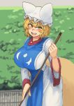  :d blurry blurry_foreground blush breasts chanta_(ayatakaoisii) commentary_request depth_of_field eyebrows_visible_through_hair hat highres huge_breasts long_sleeves open_mouth pillow_hat shirt skirt slit_pupils smile solo standing tabard touhou white_hat white_shirt white_skirt wide_sleeves yakumo_ran 