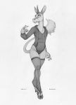  2018 anthro bodysuit clothed clothing cloven_hooves ecmajor equine equustra female fishnet fishnet_legwear full-length_portrait greyscale hi_res hooves horizontal_pupils horn legwear mammal monochrome portrait simple_background skinsuit solo stockings tight_clothing traditional_media_(artwork) unicorn walking white_background 