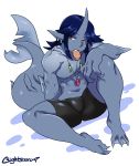  2016 athletic big_hands big_tail blue_hair blue_nipples blue_skin bulge claws clothed clothing dessert digital_media_(artwork) ear_piercing eyebrows fish fish_humanoid food gills hair half-closed_eyes humanoid ice_cream jewelry keith_(lightsource) lightsource long_hair looking_aside male marine necklace nipples object_in_mouth piercing red_eyes sandwich_(food) shark shark_humanoid sitting solo spread_legs spreading surfer_keith swimming_trunks swimsuit tight_clothing topless webbed_feet webbed_hands 