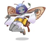  antennae bangs blue_eyes branch breasts brown_wings butterfly_wings choukeshin_(megami_tensei) closed_mouth collarbone devil_summoner eyebrows eyelashes fairy flying full_body geta grey_skin holding japanese_clothes kimono leaf long_sleeves nollety obi parted_bangs purple_hair sash shadow shin_megami_tensei short_hair short_kimono simple_background small_breasts smile solid_eyes solo thigh_gap white_background white_kimono wings 