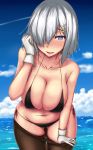  bare_shoulders black_legwear blue_eyes blue_sky blush breasts cloud collarbone commentary day eyebrows_visible_through_hair gloves hair_ornament hair_over_one_eye hairclip hamakaze_(kantai_collection) heart heart-shaped_pupils horizon kantai_collection large_breasts leaning_forward looking_at_viewer navel ocean open_mouth pantyhose pantyhose_pull short_hair silver_hair simple_background skindentation sky smile solo stomach symbol-shaped_pupils terakoya thighs underwear water white_gloves 