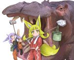  :o animal animal_ears black_footwear black_shirt blonde_hair blush boots breast_pocket brushing_teeth bucket child clothes_around_waist commentary dog_child_(doitsuken) dog_ears doitsuken eyebrows_visible_through_hair fox_child_(doitsuken) fox_ears fox_girl fox_tail gloves hand_in_pocket highres hippopotamus jacket jacket_around_waist lavender_hair looking_at_viewer looking_up multiple_girls multiple_tails open_mouth orange_pants original over_shoulder oversized_animal pants parted_lips pocket ponytail red_eyes red_jacket red_pants shirt short_eyebrows short_hair simple_background sleeveless sleeveless_shirt sleeves_rolled_up slit_pupils tail thick_eyebrows toothbrush towel towel_around_neck two_tails white_background white_gloves yellow_eyes 