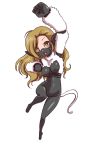  :3 :d animal_ears arm_up black_bodysuit bodysuit breasts cat_ears cat_tail clenched_hands eyebrows face_mask full_body light_brown_hair long_hair mask medium_breasts nekomata nekomata_(megami_tensei) ninja_mask nollety open_mouth orange_eyes paw_pose shin_megami_tensei simple_background single_hair_intake smile solo tail turtleneck whisker_markings white_background 