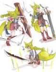  :d absurdres animal_ears arrow blonde_hair boots braid commentary_request doitsuken fang faulds fox_ears fox_tail hair_between_eyes hair_over_one_eye hands_on_hilt highres holding holding_shield holding_weapon knee_boots long_hair multiple_views one_eye_covered one_knee open_mouth original parted_lips red_eyes scabbard scimitar sheath shield single_braid smile sword tail two-handed weapon 