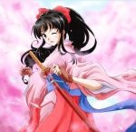  :d black_hair bow brown_eyes cherry_blossom_print cherry_blossoms commentary_request fingerless_gloves gloves hair_bow highres japanese_clothes juuzou_(amayuu112) katana kimono long_hair looking_at_viewer looking_back one_eye_closed open_mouth petals ponytail red_bow sakura_taisen scabbard sheath sheathed shinguuji_sakura smile solo sword weapon 