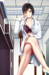  baiyin black_hair bra breasts brown_eyes chair cigarette cleavage crossed_legs doctor door drawer feet_out_of_frame from_below hair_up hand_on_own_leg hand_up highres indoors medium_breasts mole mole_under_mouth original pocket purple_bra sitting solo stethoscope underwear 