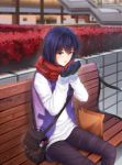  bag baiyin black_gloves black_pants blue_eyes blue_hair blurry blurry_background day feet_out_of_frame gloves hair_between_eyes handbag hands_up highres jacket looking_at_viewer open_mouth original outdoors pants paper_bag red_scarf scarf scenery short_hair sitting_on_bench 