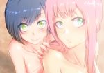  blonde_hair blue_hair blush breasts cleavage closed_mouth collarbone commentary_request darling_in_the_franxx eyebrows_visible_through_hair eyes_visible_through_hair eyeshadow frown green_eyes ichigo_(darling_in_the_franxx) long_hair looking_at_viewer makeup multiple_girls nude parted_lips pink_hair short_hair shy small_breasts smile sweatdrop wavy_mouth yamauchi_(conan-comy) yuri zero_two_(darling_in_the_franxx) 