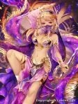  arabian_clothes armlet belly_chain blonde_hair bracelet breasts cleavage company_name dagger dragon_tactics dual_wielding harem_outfit head_chain holding holding_weapon jewelry long_hair looking_at_viewer medium_breasts mole mole_under_eye natsuiro_xx navel official_art original pelvic_curtain purple_eyes see-through small_breasts solo veil weapon 