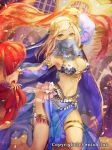  arabian_clothes armlet belly_chain blonde_hair bracelet breasts cleavage company_name dancer detached_sleeves dragon_tactics green_eyes harem_outfit jewelry long_hair looking_at_viewer medium_breasts mole mole_under_eye natsuiro_xx navel official_art open_mouth original pelvic_curtain see-through smile solo thigh_strap veil 