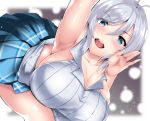  backless_outfit bangs bare_shoulders blue_eyes blush breasts cleavage commentary_request cube_(circussion) dennou_shoujo_youtuber_shiro eyebrows_visible_through_hair from_above large_breasts looking_at_viewer open_mouth pleated_skirt shiro_(dennou_shoujo_youtuber_shiro) short_hair sideboob silver_hair skirt sleeveless smile solo virtual_youtuber 