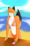  &lt;3 2018 beach bikini blue_eyes breasts canine clothing condom eyewear female fox fur glasses judy_judith mammal navel orange_fur pyrraline seaside seductive solo swimsuit tongue 