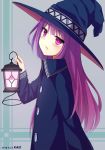  bangs blue_dress blue_hat blush candle collared_dress commentary dress eyebrows_visible_through_hair hat head_tilt holding holding_lantern kaie lantern long_hair long_sleeves looking_at_viewer looking_to_the_side original parted_lips purple_eyes purple_hair solo very_long_hair witch witch_hat 
