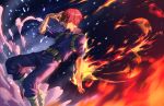 athenawyrm belt boku_no_hero_academia burn_scar expressionless fire hand_to_forehead hand_up heterochromia ice male_focus multicolored_hair parted_lips red_hair scar solo todoroki_shouto two-tone_hair white_footwear white_hair 