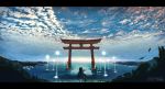  animal_ears blue_sky cloud cloudy_sky commentary_request day facing_viewer floating_hair fox_ears fox_tail from_behind grey_hair inabi ocean original outdoors scenery sky solo standing tail torii water_surface 