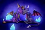  2016 blue_background cynder digital_media_(artwork) dragon duo eyes_closed female feral horn icelectricspyro male scalie simple_background smile spines spyro spyro_the_dragon video_games western_dragon 