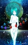 androgynous closed_eyes colored_eyelashes covering covering_crotch crack crescent_moon crystal gem green_hair hand_on_own_arm highres holding_arm houseki_no_kuni moon nude octahedron phosphophyllite shards short_hair signature smile solo water yadokami 