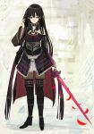  black_hair black_legwear boots closed_mouth dress hand_up holding holding_sword holding_weapon inabi long_sleeves looking_at_viewer original petals purple_dress red_eyes sash short_dress solo standing sword thigh_boots thighhighs weapon wide_sleeves 