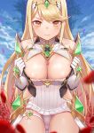  armor bare_shoulders blonde_hair blush breasts cleavage closed_mouth collarbone commentary detached_sleeves dress eyebrows_visible_through_hair gloves hair_ornament hairband highres hikari_(xenoblade_2) jitome large_breasts long_hair looking_at_viewer panties short_dress shoutai_(7490773) solo thigh_strap tiara underwear white_gloves white_panties xenoblade_(series) xenoblade_2 yellow_eyes 