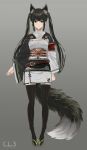  animal_ears arms_at_sides black_eyes black_hair black_legwear fox_ears fox_girl fox_tail full_body grey_background highres inabi japanese_clothes long_hair long_sleeves looking_at_viewer obi original pigeon-toed sandals sash simple_background smile solo standing tail thighhighs twintails zettai_ryouiki 
