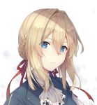  ayuanlv bangs blonde_hair blue_eyes blue_jacket braid braided_bun brooch chinese_commentary close-up commentary dress face hair_between_eyes hair_intakes hair_ribbon highres jacket jewelry long_sleeves looking_at_viewer red_ribbon ribbon solo violet_evergarden violet_evergarden_(character) 