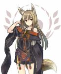  animal_ears bare_shoulders blonde_hair brown_eyes closed_mouth commentary_request cowboy_shot eyebrows_visible_through_hair fox_ears fox_tail hand_up inabi japanese_clothes long_hair long_sleeves looking_at_viewer o-ring original solo standing tail tassel wide_sleeves 