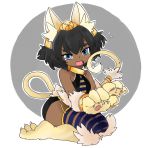  absurdres animal_ears bare_shoulders black_hair blue_legwear blush bracelet cat_ears cat_tail claws commentary dark_skin egyptian flying_sweatdrops grey_background headgear highres jewelry kneeling latenight looking_at_viewer monster_girl monster_girl_encyclopedia open_mouth paws short_hair solo sphinx_(monster_girl_encyclopedia) striped striped_legwear tail tearing_up tears thighhighs 