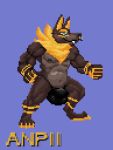  2018 4_toes 5_fingers abs animated anthro anubian_jackal anubis_pooch black_nose blonde_hair blue_background blue_eyes bulge canine digital_media_(artwork) digitigrade english_text facial_piercing fist hair hungothenomster jackal male mammal mane muscular muscular_male nipples nose_piercing nose_ring penis_outline piercing pixel_(artwork) pixel_animation simple_background smile solo standing teeth text tight_underwear toes 