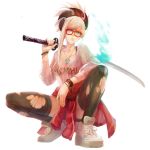  alternate_costume bracelet fate/grand_order fate_(series) glasses highres jewelry katana kaya_(liberty) looking_at_viewer miyamoto_musashi_(fate/grand_order) necklace over_shoulder pantyhose ponytail shoes sneakers sword sword_over_shoulder torn_clothes torn_legwear weapon weapon_over_shoulder 