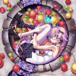  blue_eyes bracelet braid breasts cable digital_media_player earphones food freckles fruit glasses hair_ornament hairclip highres jewelry long_hair looking_at_viewer mary_janes mismatched_legwear navel original purple_hair sakuya_tsuitachi shoes skirt sleeveless small_breasts smile solo thighhighs twin_braids twintails 