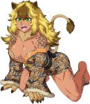  aeode all_fours animal_ears animal_print barefoot blonde_hair borrowed_character breasts brown_hair claws cleavage commission dark_skin eyebrows_visible_through_hair fur green_eyes highres japanese_clothes kimono large_breasts leopard_print lion_ears lion_tail long_hair messy_hair monster_girl multicolored_hair muscle muscular_female original paws solo spike_wible tail tail_raised thick_thighs thighs two-tone_hair 