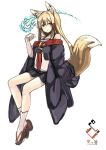  animal_ears black_skirt blonde_hair blue_fire brown_eyes closed_mouth commentary_request eyebrows_visible_through_hair fire fox_ears fox_tail full_body hand_up inabi invisible_chair japanese_clothes long_hair long_sleeves looking_at_viewer off_shoulder original platform_footwear pleated_skirt simple_background sitting sketch skirt socks solo tail white_background white_legwear wide_sleeves 