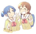  2girls ^_^ aioi_yuuko backpack bag blue_eyes blue_hair blush brown_hair closed_eyes closed_mouth double_v eyebrows_visible_through_hair eyes_closed facing_another grin looking_at_another multiple_girls naganohara_mio nichijou parted_lips school_uniform short_hair short_twintails smile teeth tsubobot twintails v 
