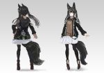  animal_ears black_eyes black_hair black_jacket black_legwear boots brown_shirt closed_mouth fox_ears fox_girl fox_tail gradient gradient_background grey_background inabi jacket legs_apart long_hair long_sleeves looking_at_viewer multiple_views open_clothes open_jacket original shirt skirt standing tail thighhighs twintails white_skirt 