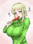  blonde_hair blue_eyes blush breasts eating food food_in_mouth holding kuneru_marta kuranosuke large_breasts looking_at_viewer marta medium_hair pink_background sexually_suggestive solo tongue tongue_out translation_request turtleneck 