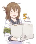  :d anchor_symbol anniversary armband artist_name bangs blush box brown_hair closed_eyes copyright_name dated eyebrows_visible_through_hair facing_viewer folded_ponytail gloves hair_ornament holding holding_box inazuma_(kantai_collection) kantai_collection kawashina_(momen_silicon) long_hair long_sleeves number open_mouth school_uniform serafuku shirt simple_background sketch smile solo teeth upper_body white_background white_gloves 
