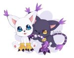  ambiguous_gender bite black_fur blackgatomon blue_eyes claws closed clothing cute digimon ear_tuft fangs feline fur gatomon gloves julymonmon mammal one_eye_closed open_mouth tail_biting tail_ring tuft whiskers white_fur wink yellow_eyes 