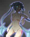  blue_eyes blue_hair crotch_plate glowing horns mon-musu_quest! monster_girl morrigan_(mon-musu_quest!) navel open_mouth pointy_ears revealing_clothes short_hair small_breasts smile succubus tail tattoo wings 
