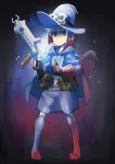  boots cape constanze_amalie_von_braunschbank-albrechtsberger erica_(naze1940) gloves goggles goggles_on_headwear green_eyes gun hat highres holding holding_weapon knee_boots little_witch_academia long_ponytail pouch robe solo thumbs_up wand weapon witch_hat 
