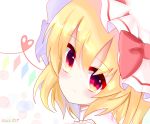  bad_id bad_pixiv_id blonde_hair blush bow bubble_background closed_mouth collared_shirt commentary_request eyebrows_visible_through_hair face flandre_scarlet from_behind gem gradient_eyes hair_between_eyes hat hat_bow head_tilt heart heart_of_string highres kkk_(user_hdee2744) light_smile looking_at_viewer mob_cap multicolored multicolored_eyes portrait red_bow red_eyes shirt short_hair side_ponytail solo touhou translation_request white_background white_hat yellow_eyes 