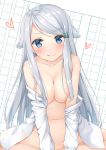  :q absurdres areola_slip areolae blue_eyes blush breasts commentary_request hair_flaps heart highres imouto_sae_ireba_ii kani_nayuta karutamo long_hair looking_at_viewer medium_breasts naughty_face off_shoulder open_clothes open_shirt paper_background shirt silver_hair smile solo tongue tongue_out 