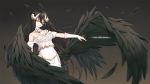  albedo black_background black_feathers black_hair black_wings breasts choker cleavage cowboy_shot dress elbow_gloves feathered_wings floating_hair gloves glowing glowing_eye hair_between_eyes highres horns long_hair medium_breasts neps-l overlord_(maruyama) parted_lips solo standing strapless strapless_dress very_long_hair white_dress white_gloves wings yellow_eyes 