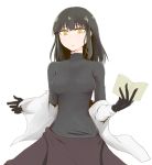  bangs black_gloves black_hair black_shirt blush book breasts character_request coat commentary_request copyright_request eyebrows_visible_through_hair gloves highres holding jacket_on_shoulders long_hair long_sleeves looking_at_viewer medium_breasts open_book open_clothes open_coat shirt simple_background skin_tight slit_pupils solo suika_pan turtleneck white_background 