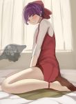  1girl absurdres barefoot bed bedwetting blush choker clenched_teeth curtain dress embarrassed eyebrows_visible_through_hair feet from_side full_body gegege_no_kitarou ghost hair_ornament hair_ribbon half-closed_eyes highres indoors looking_at_viewer morezou nekomusume nekomusume_(gegege_no_kitarou_6) on_bed peed_self pointy_ears purple_hair red_dress red_ribbon ribbon shirt short_hair sitting sleeveless_dress solo_focus sweat teeth textless umagoya_mochi wariza wet_clothes white_shirt yellow_eyes youkai youkai_watch 